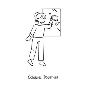 Coloring page of a girl cleaning windows in her house