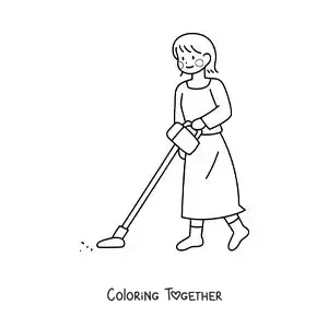 Coloring page of a mom vacuuming the floor in her house