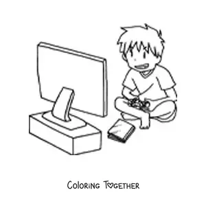 Coloring page of a boy sitting and playing video games
