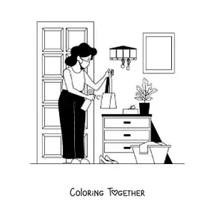 Coloring page of a mom tidying up her home