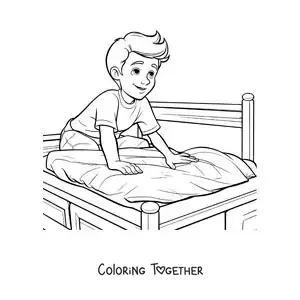 Coloring page of a boy making the bed after waking up
