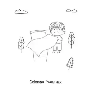 Coloring page of a girl making the bed in the morning