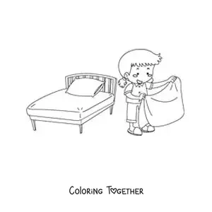 Coloring page of a girl making the bed after waking up