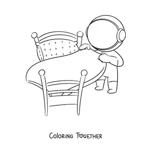 Coloring page of a cartoon astronaut making the bed