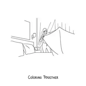 Coloring page of a woman making the bed in her room