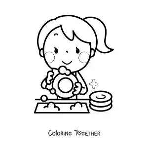 Coloring page of a kawaii girl washing the dishes