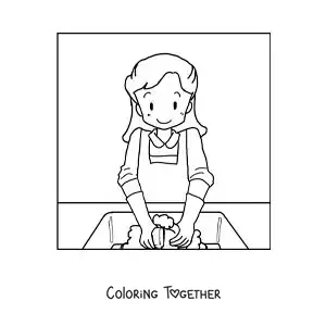 Coloring page of a cartoon mom washing the dishes