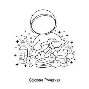 Coloring page of a cartoon astronaut washing the dishes