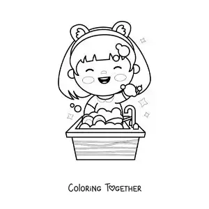 Coloring page of a kawaii girl scrubbing the dishes in the sink