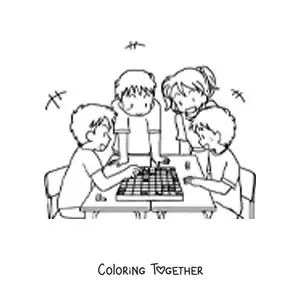 Coloring page of children playing Japanese chess