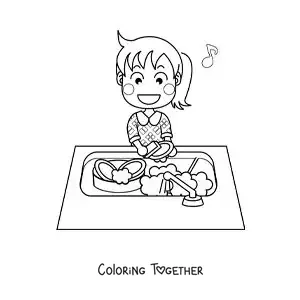 Coloring page of a girl singing while washing the dishes in the sink