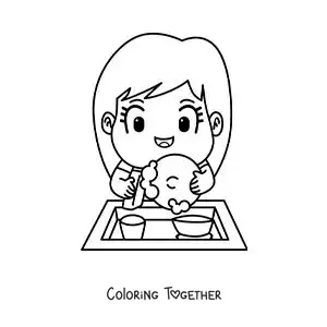 Coloring page of a cartoon girl washing dishes