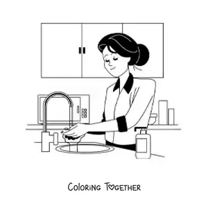Coloring page of a mom washing dishes in the kitchen