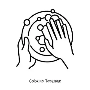 Coloring page of a pair of hands washing dishes with a sponge