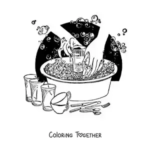 Coloring page of a pair of hands washing dishes in a tub