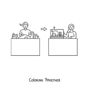 Coloring page of a man scrubbing dishes vs a woman loading the dishes into the dishwasher