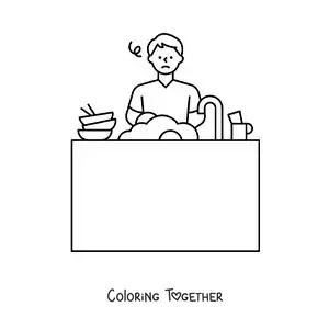 Coloring page of a man washing dishes in the sink