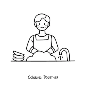 Coloring page of a dad washing dishes