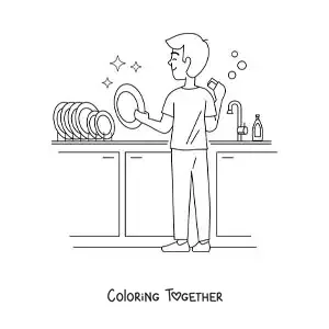 Coloring page of a father scrubbing dishes in the kitchen