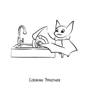 Coloring page of a bat washing the dishes in the sink
