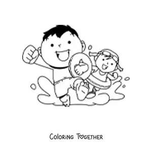 Coloring page of two children running to swim in the pool