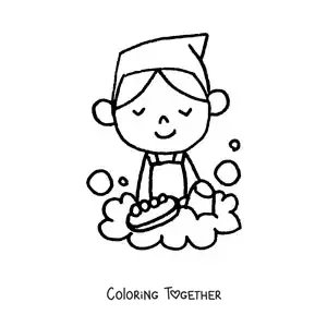 Coloring page of a boy washing dishes with a sponge