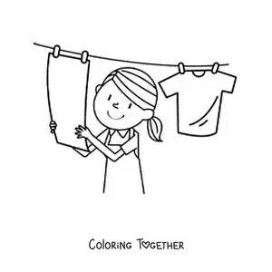 Coloring page of a girl hanging the clean clothes on the clothesline