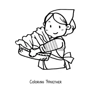 Coloring page of a housewife collecting the dirty laundry in a basket