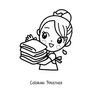 Coloring page of a kawaii girl carrying folded clean clothes