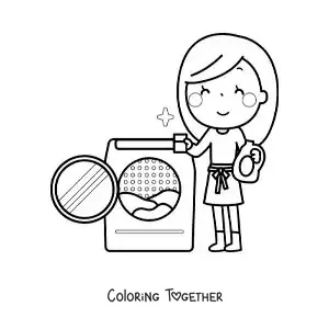 Coloring page of a cartoon mom washing clothes in the washing machine