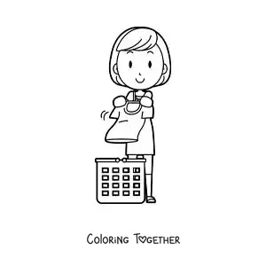 Coloring page of a woman with a basket of clean laundry