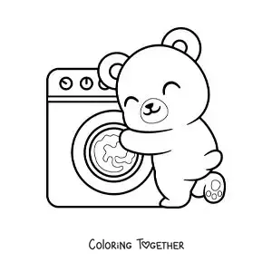 Coloring page of a cartoon bear washing clothes in the washing machine