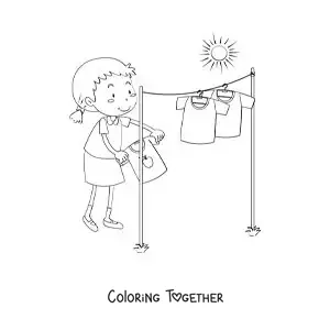 Coloring page of a cartoon girl drying clothes in the sun on the clothesline