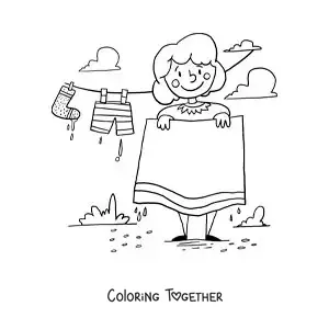 Coloring page of a mom hanging the washed laundry on the clothesline