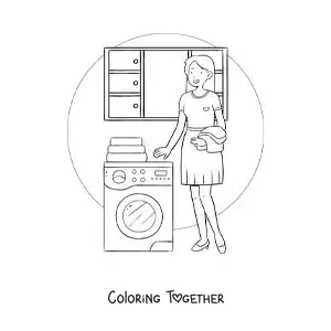 Coloring page of a housewife washing clothes in the washing machine