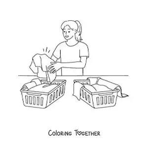 Coloring page of a girl sorting the clothes by color to wash them