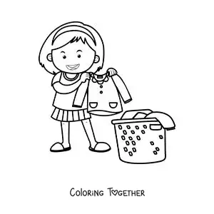 Coloring page of a girl collecting the washed laundry in a basket