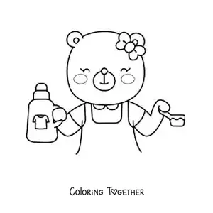 Coloring page of a cartoon bear with laundry soap