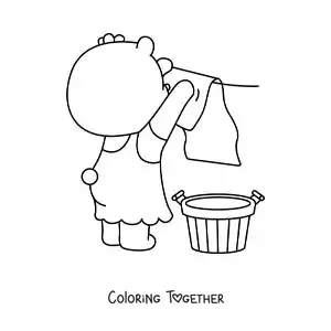 Coloring page of a cartoon bear hanging the clothes on a clothesline