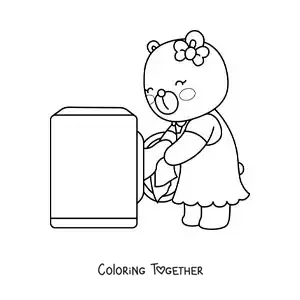 Coloring page of a cartoon bear washing clothes in the washing machine