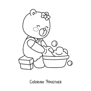 Coloring page of a cartoon bear washing clothes by hand