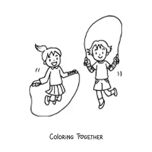 Coloring page of a couple of children jumping rope