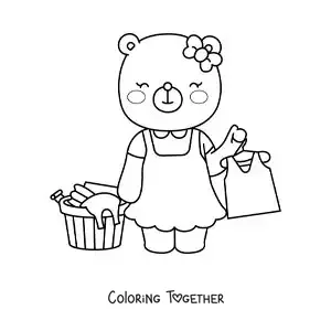 Coloring page of a cartoon bear hanging up the clean clothes