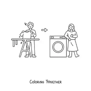 Coloring page of a man hanging clothes out to dry vs a woman with the clothes in the dryer