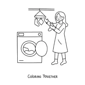 Coloring page of a woman taking the clothes out of the washing machine to hang them