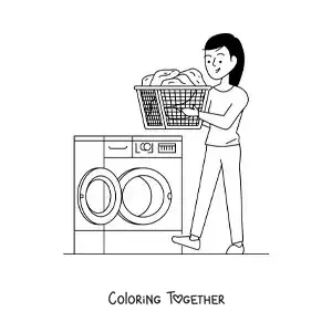 Coloring page of a girl carrying a basket of clothes to the washing machine