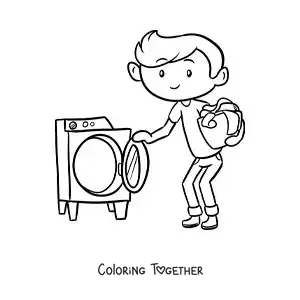 Coloring page of a cartoon boy carrying a basket of clothes to the washing machine