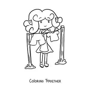 Coloring page of a cartoon young woman hanging the clothes on a clothesline