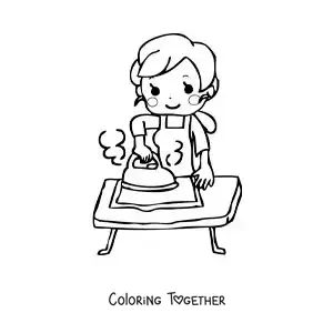 Coloring page of a kawaii cartoon mom ironing clothes