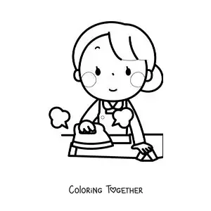 Coloring page of a kawaii woman ironing a shirt